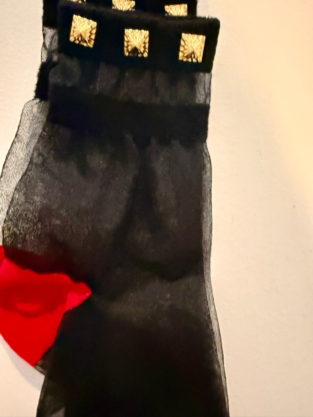 Christian Louboutin Sheer Black Ankle Socks with Red Heel and Toe and Gold Studs - Picture 3 of 6